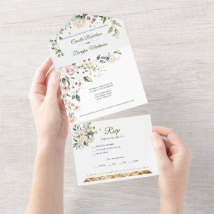 Invitación Todo En Uno Flores Rosadas y Blancas con Acentos Dorados  