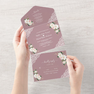 Invitación Todo En Uno Flores rosas de Magnolia blanca Boda Rosa malograd