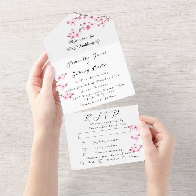 Invitación Todo En Uno Flores rosas japonesas de cerezo ruidoso Sakura (desgarro)