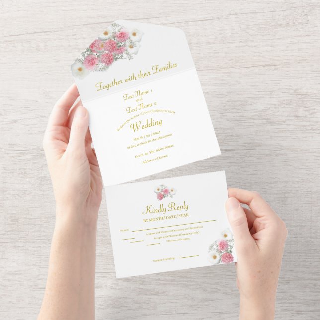 Invitación Todo En Uno Flores rosas y blancas (desgarro)
