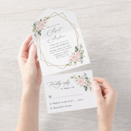 Invitación Todo En Uno Flores Rubor, flores rosadas, boho, dulce 16
