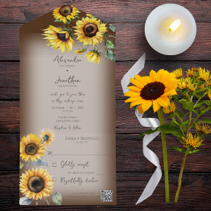 Invitación Todo En Uno Flores rusas en el código QR marrón y florido