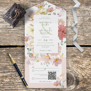 Invitación Todo En Uno Flores rusticas de Boho rosa blanco y Rubor Código