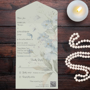 Invitación Todo En Uno Flores salvajes azules en el código QR verde sabio