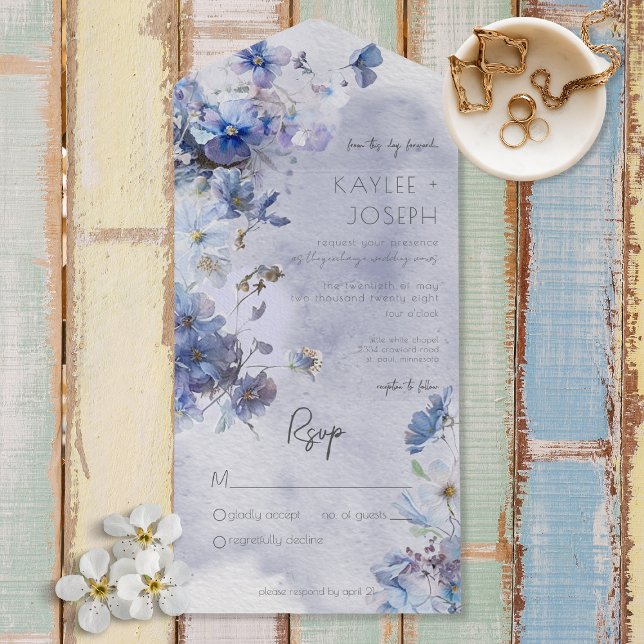 Invitación Todo En Uno Flores salvajes azules modernas perifollas sin cen (Subido por el creador)