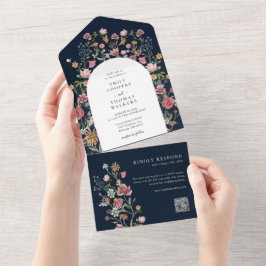 Invitación Todo En Uno Flores salvajes de la marina azul invitadas a una