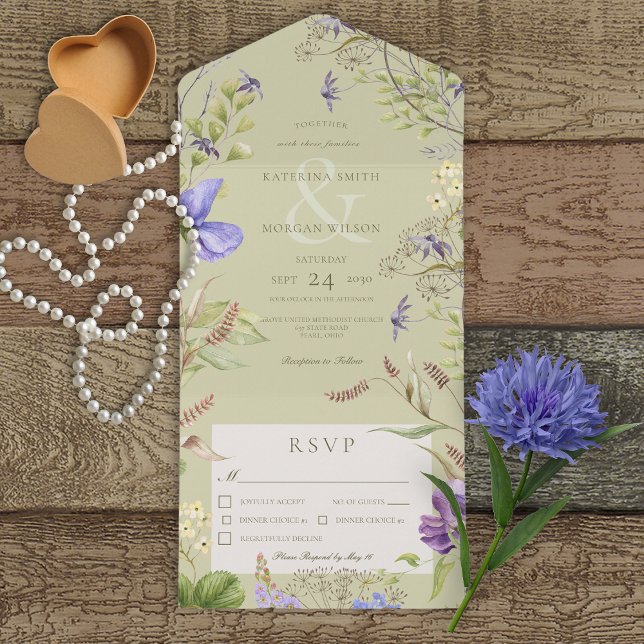 Invitación Todo En Uno Flores salvajes de lavanda rústica Cena verde (Subido por el creador)