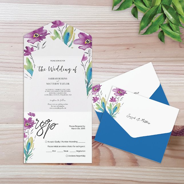 Invitación Todo En Uno Flores salvajes púrpuras y azules bohemias (Subido por el creador)