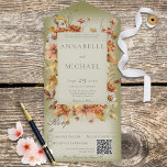 Invitación Todo En Uno Flores salvajes rusticas de Rubor otoño Código QR<br><div class="desc">DISPONIBLE CON O SIN CÓDIGO QR PARA ESCALAR EN EL ÁREA RSVP. Un diseño sencillo pero elegante con un marco de flores silvestres de otoño en un suave y blanco sobre un suave fondo verde. La solapa delantera contiene las primeras iniciales de la novia y el novio. Este diseño está...</div>