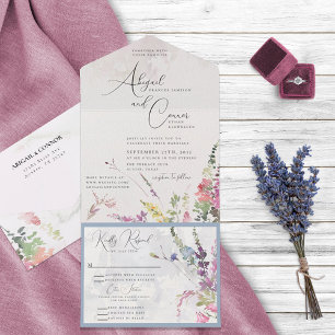 Invitación Todo En Uno Flores salvajes vibrantes amarillo violeta rosado