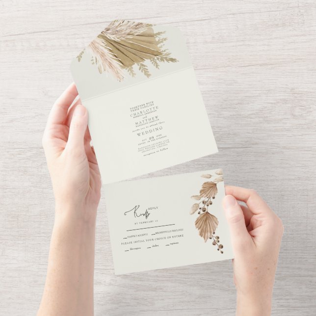 Invitación Todo En Uno Flores Secas de Pampas Boda Sin Padres (desgarro)