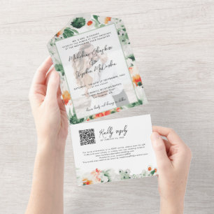 Invitación Todo En Uno Flores silvestres acuarela botánica QR Código foto