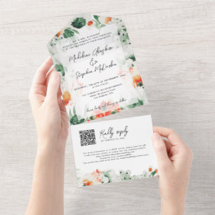 Invitación Todo En Uno Flores silvestres acuarela código QR botánico