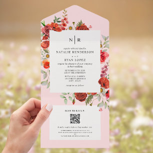 Invitación Todo En Uno Flores silvestres adormidera roja Boda rosa QR RSV