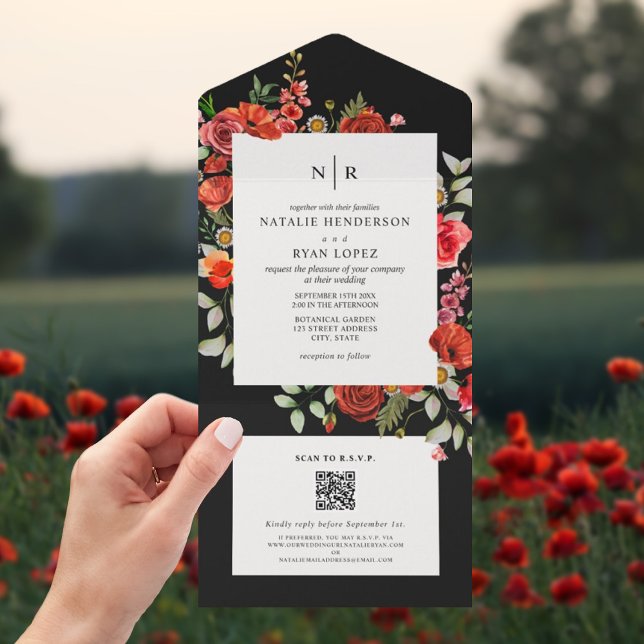 Invitación Todo En Uno Flores silvestres adormidera roja floral oscuro Bo (Subido por el creador)