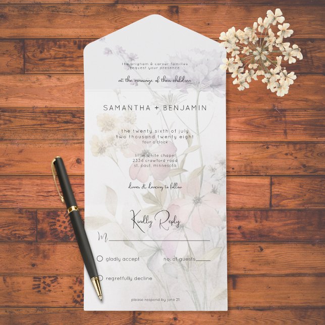 Invitación Todo En Uno Flores silvestres agitadas rusticas en blanco sin  (Subido por el creador)