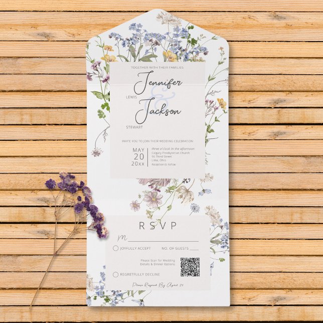Invitación Todo En Uno Flores Silvestres Bohemias Delicadas Blancas Códig (Delicate Boho Wildflowers White QR Code All In One Invitation)