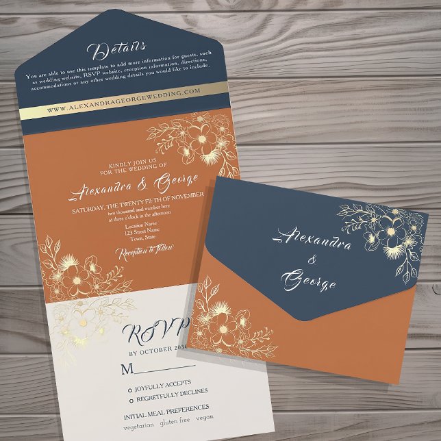 Invitación Todo En Uno Flores Silvestres Boho Bodas Naranja Quemada (Subido por el creador)