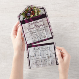 Invitación Todo En Uno Flores silvestres, cinta morada, encaje y luces