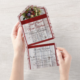 Invitación Todo En Uno Flores silvestres, cinta roja, encaje y luces