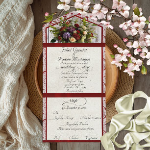 Invitación Todo En Uno Flores silvestres, Cinta Roja y Encaje de Boda