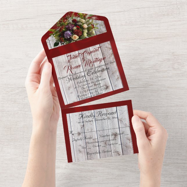 Invitación Todo En Uno Flores silvestres, cinta roja y luces (desgarro)