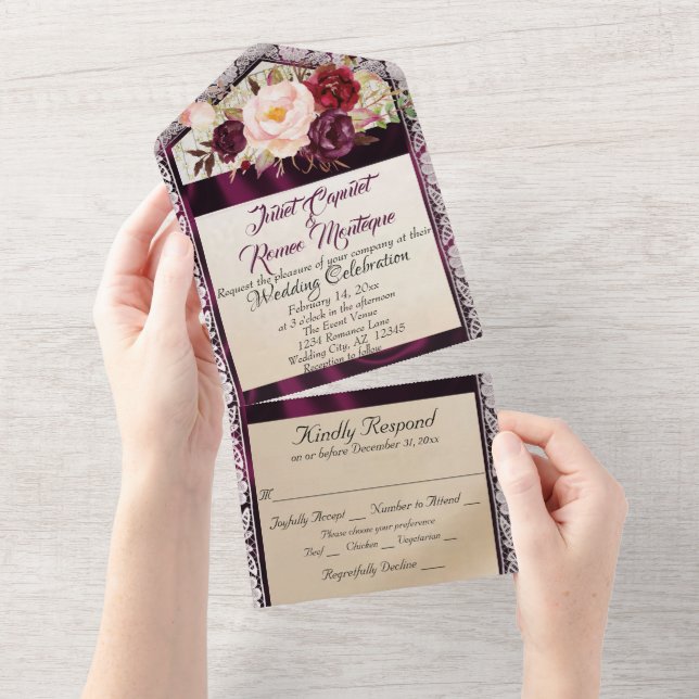 Invitación Todo En Uno Flores silvestres con cinta morada, encaje y luces (desgarro)