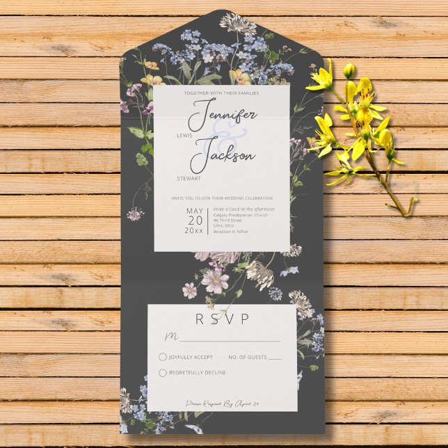Invitación Todo En Uno Flores silvestres de Boho Delicadas Carbón sin cen (Delicate Boho Wildflowers Charcoal Wedding All In One Invitation without Dinner Options)