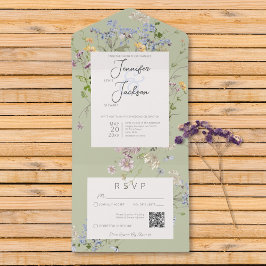 Invitación Todo En Uno Flores silvestres de Boho Delicadas Sage Green QR 
