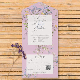 Invitación Todo En Uno Flores silvestres de Boho rosa Código QR