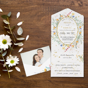 Invitación Todo En Uno Flores silvestres de campo Boda fotográfico Oval