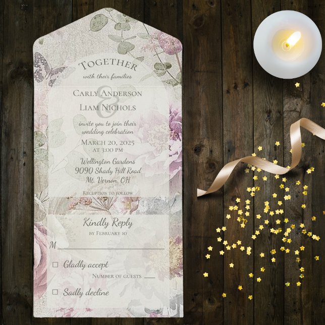 Invitación Todo En Uno Flores silvestres de época con mariposa (Also available with QR code)
