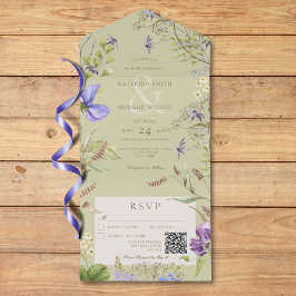 Invitación Todo En Uno Flores silvestres de lavanda rústica código QR