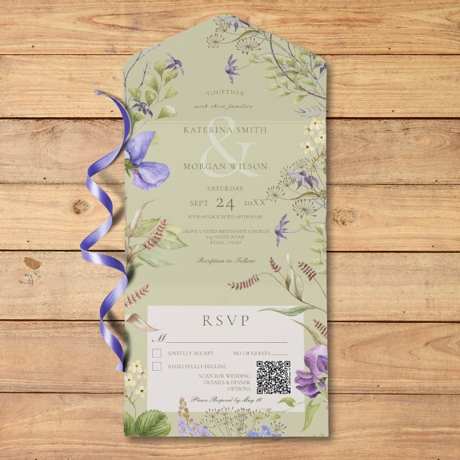 Invitación Todo En Uno Flores silvestres de lavanda rústica código QR (Rustic Lavender Wildflowers Sage QR Code All In One Invitation)