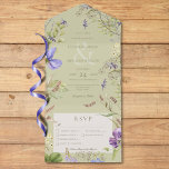 Invitación Todo En Uno Flores silvestres de lavanda rústica saltan tres c<br><div class="desc">TAMBIÉN DISPONE DE UN CÓDIGO QR PARA ESCALAR O CON DETALLES Y SIN OPCIONES PARA CENAR. Sumérjase en la belleza etérea de su día de bodas con nuestras encantadoras invitaciones. Un delicado lienzo de verde salado está adornado con una cautivadora mezcla de lavanda, azul pálido y flores silvestres blancas, elegantemente...</div>
