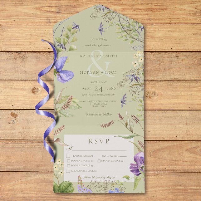 Invitación Todo En Uno Flores silvestres de lavanda rústica saltan tres c (Rustic Lavender Wildflowers Sage Three Dinner All In One Invitation)