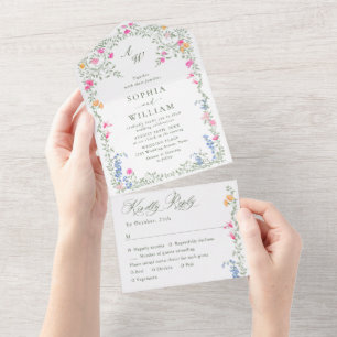 Invitación Todo En Uno Flores Silvestres Elegantes Acuarela Boda Floral