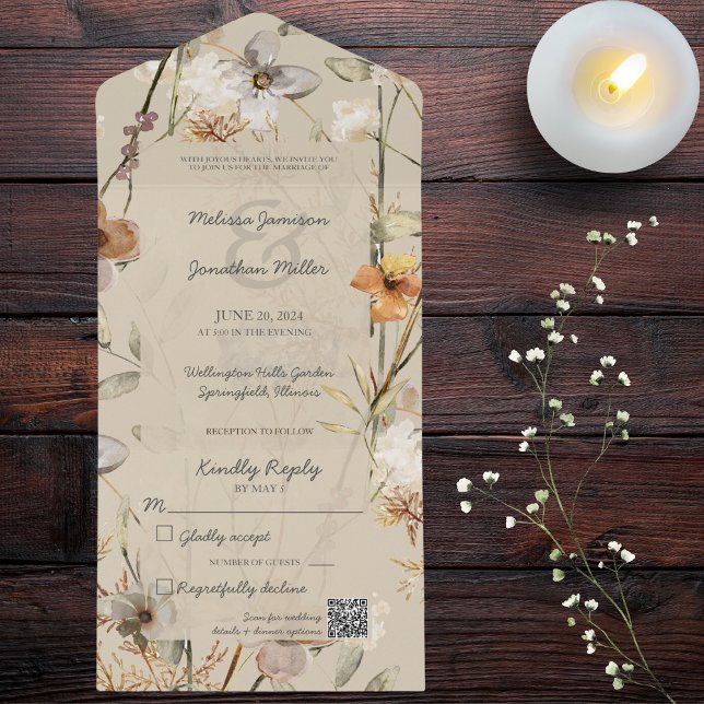 Invitación Todo En Uno Flores silvestres en Beige con código QR (Subido por el creador)