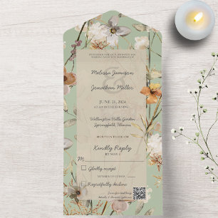 Invitación Todo En Uno Flores silvestres en verde sabio con código QR
