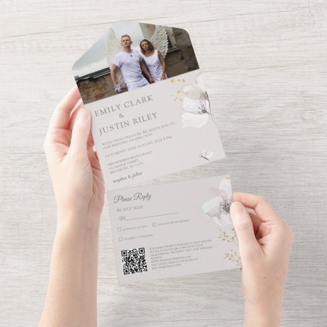 Invitación Todo En Uno Flores silvestres modernas acuarela Foto Boda QRCo (desgarro)