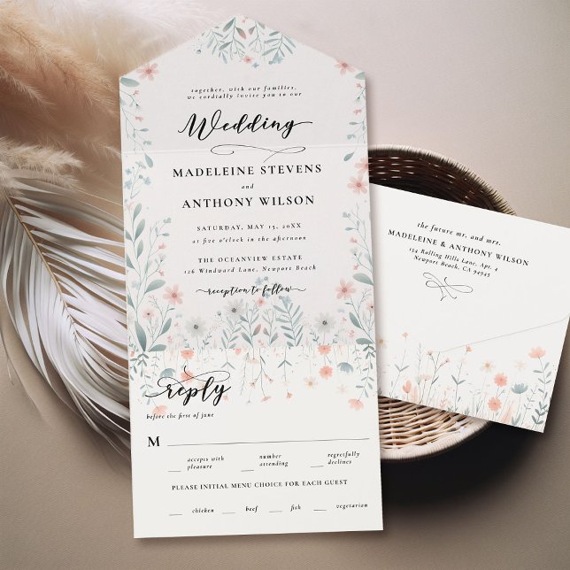 Invitación Todo En Uno Flores silvestres Pasteles románticos Boda Fiesta  (pastel tiny wildflowers garden party wedding invitation elegant romantic magic bespoke modern trendy)