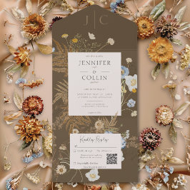 Invitación Todo En Uno Flores silvestres rusas Monograma Brown QR Code