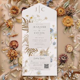 Invitación Todo En Uno Flores silvestres rusas Monograma Crema QR Código
