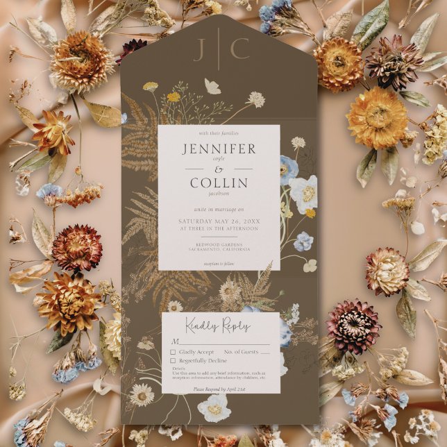 Invitación Todo En Uno Flores silvestres rusas Monograma Marrón claro sin (Rustic Wildflowers Monogram Light Brown No Dinner All In One Invitation)