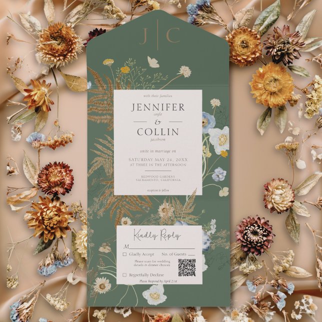 Invitación Todo En Uno Flores silvestres rusas Monograma Sage Código QR v (Rustic Wildflowers Monogram Sage Green QR Code All In One Invitation)