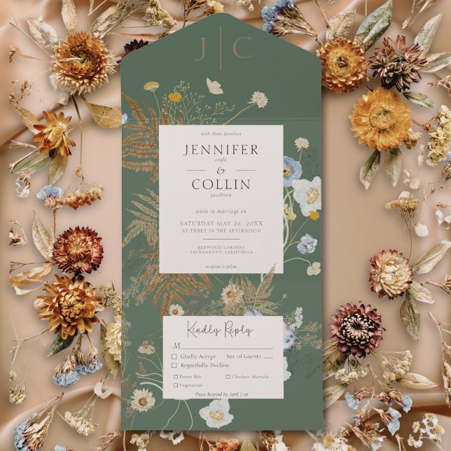 Invitación Todo En Uno Flores silvestres rusas Monograma Sage Green Dinne (Rustic Wildflowers Monogram Sage Green Dinner All In One Invitation)