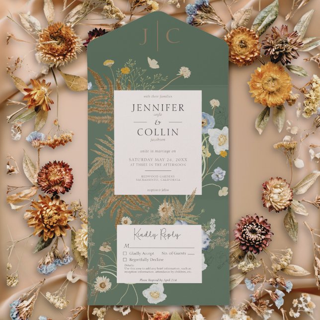Invitación Todo En Uno Flores silvestres rusas Monograma Sage Green No Di (Rustic Wildflowers Monogram Sage Green No Dinner All In One Invitation)
