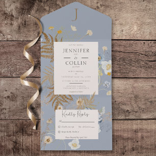 Invitación Todo En Uno Flores silvestres rusticas Monograma azul turbio n