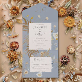 Invitación Todo En Uno Flores silvestres rusticas Monograma azul turbio n