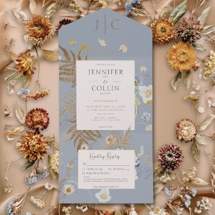 Invitación Todo En Uno Flores silvestres rusticas Monograma azul turbio n